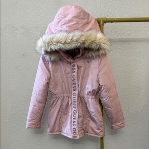 Guess Light Pink Hooded Jacket with Faux Fur